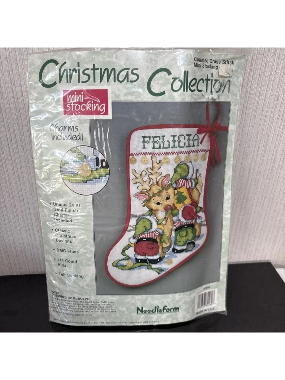 Christmas Stocking Kit Cross Stitch Rudolph Personalized 24k Charm Needleform